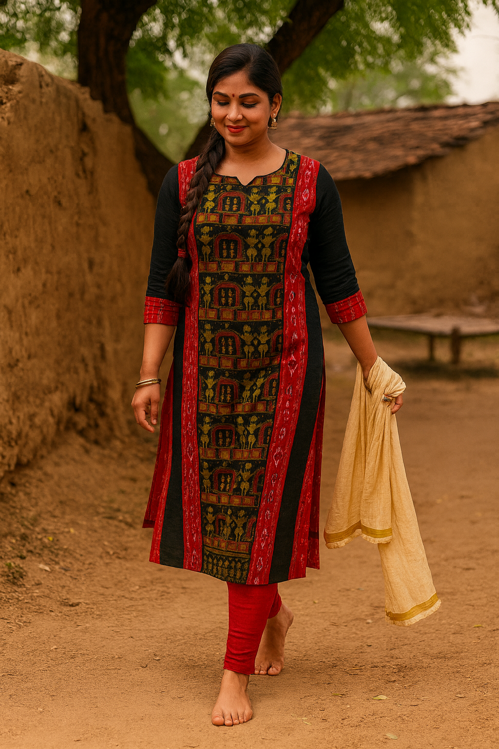 Sambalpuri Black & Red Cotton Kurti with Temple Motifs | Handloom Ethnic Wear for Women