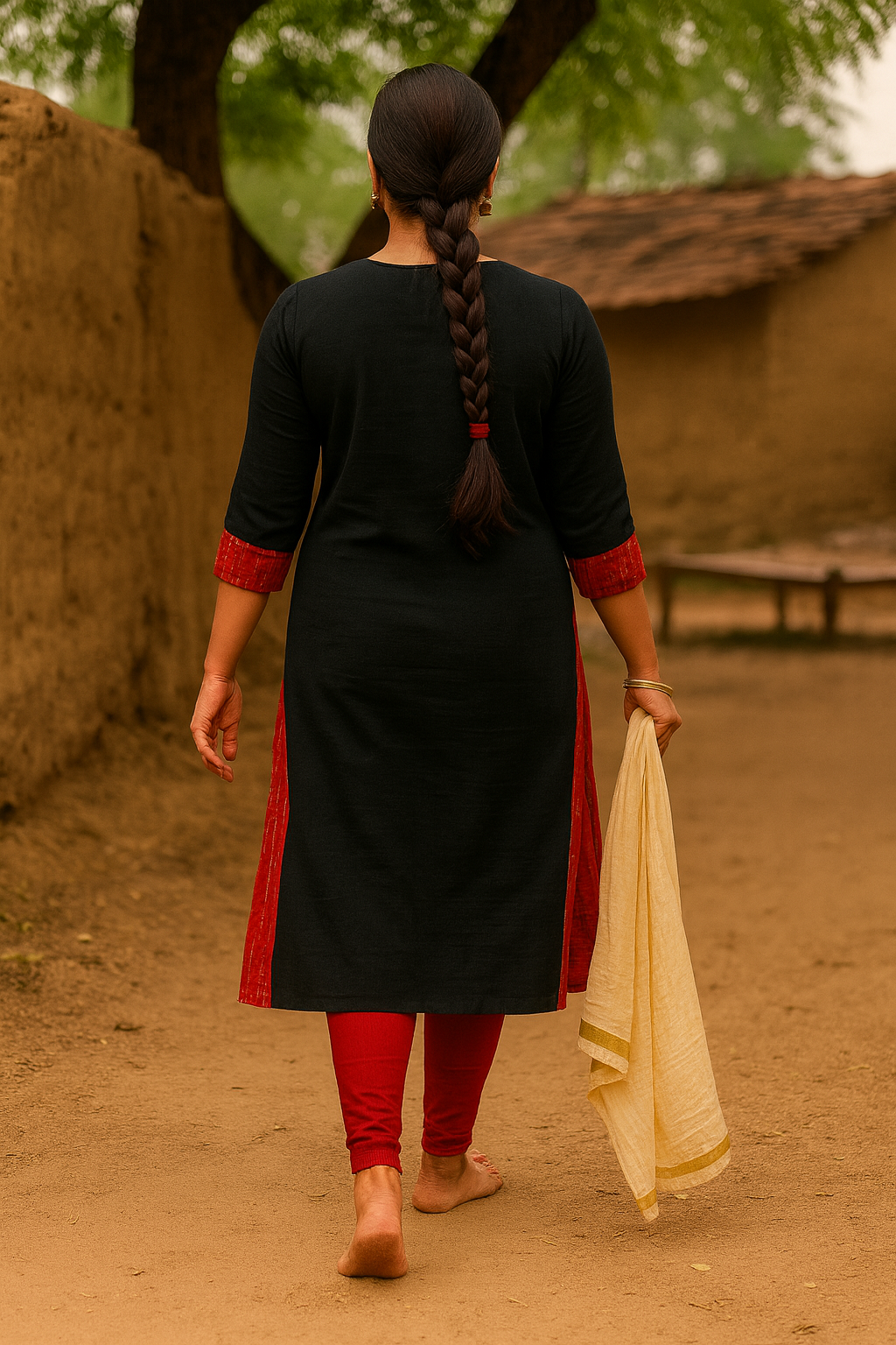Sambalpuri Black & Red Cotton Kurti with Temple Motifs | Handloom Ethnic Wear for Women