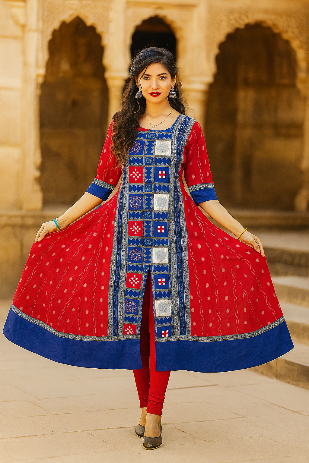 Red Flared Ikat Cotton Kurti with Blue Border | Handloom Festive Dress for Women