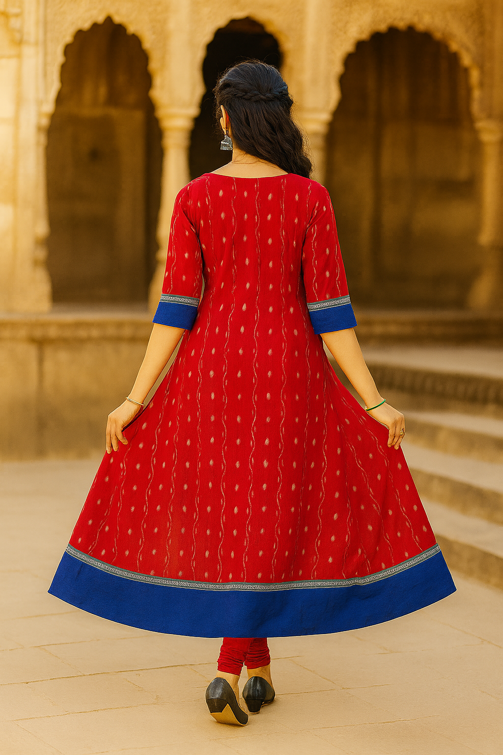 Red Flared Ikat Cotton Kurti with Blue Border | Handloom Festive Dress for Women