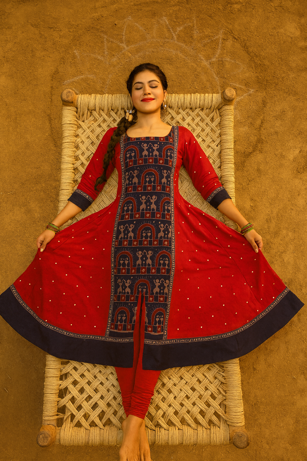 Sambalpuri Handloom Red Cotton Kurti with Temple Motifs | Festive Ikat Ethnic Wear