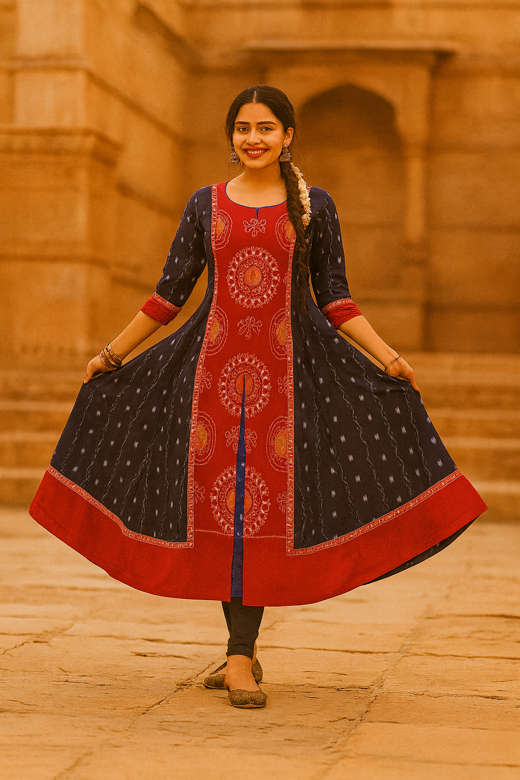 Sambalpuri Navy & Red Ikat Cotton Flared Kurti | Handloom Festive Dress for Women