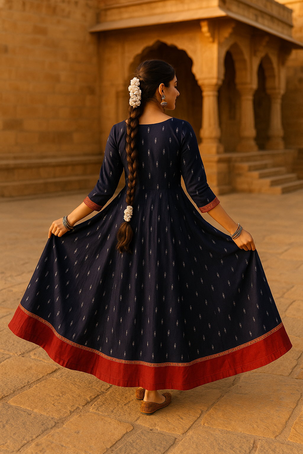 Sambalpuri Navy & Red Ikat Cotton Flared Kurti | Handloom Festive Dress for Women