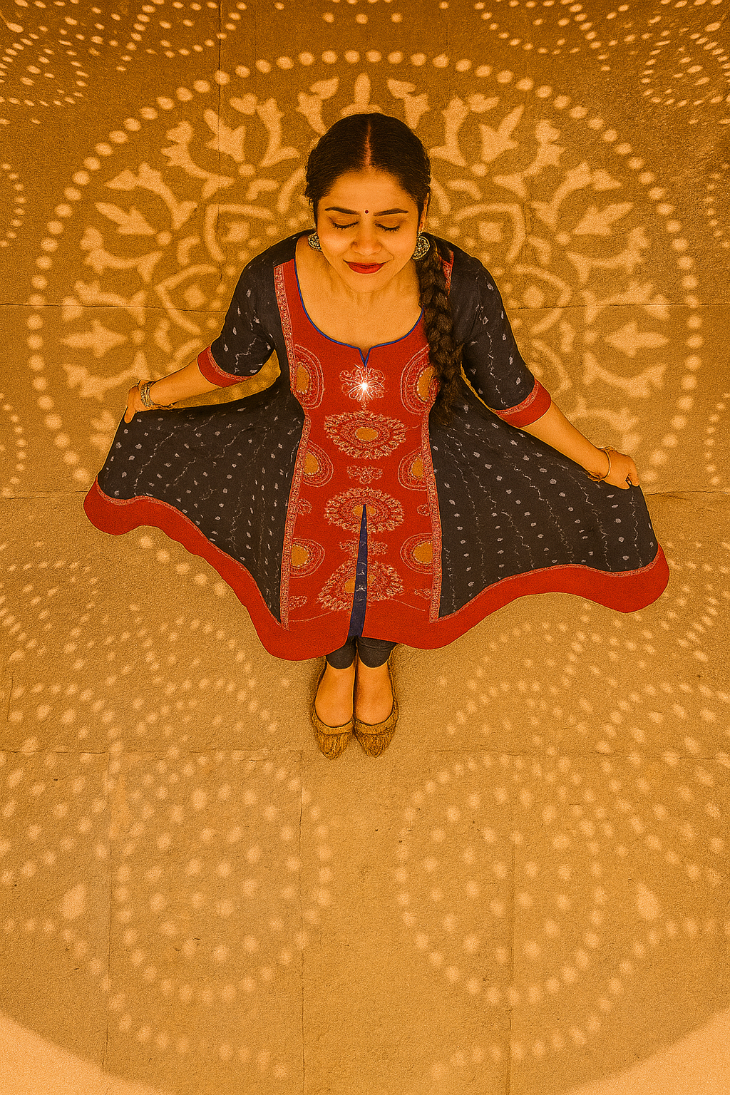 Sambalpuri Navy & Red Ikat Cotton Flared Kurti | Handloom Festive Dress for Women