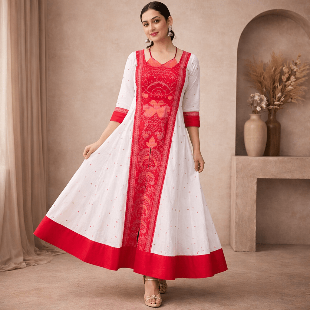 Shubhra White & Red Royal Panelled Sambalpuri Gown - PINDHAN