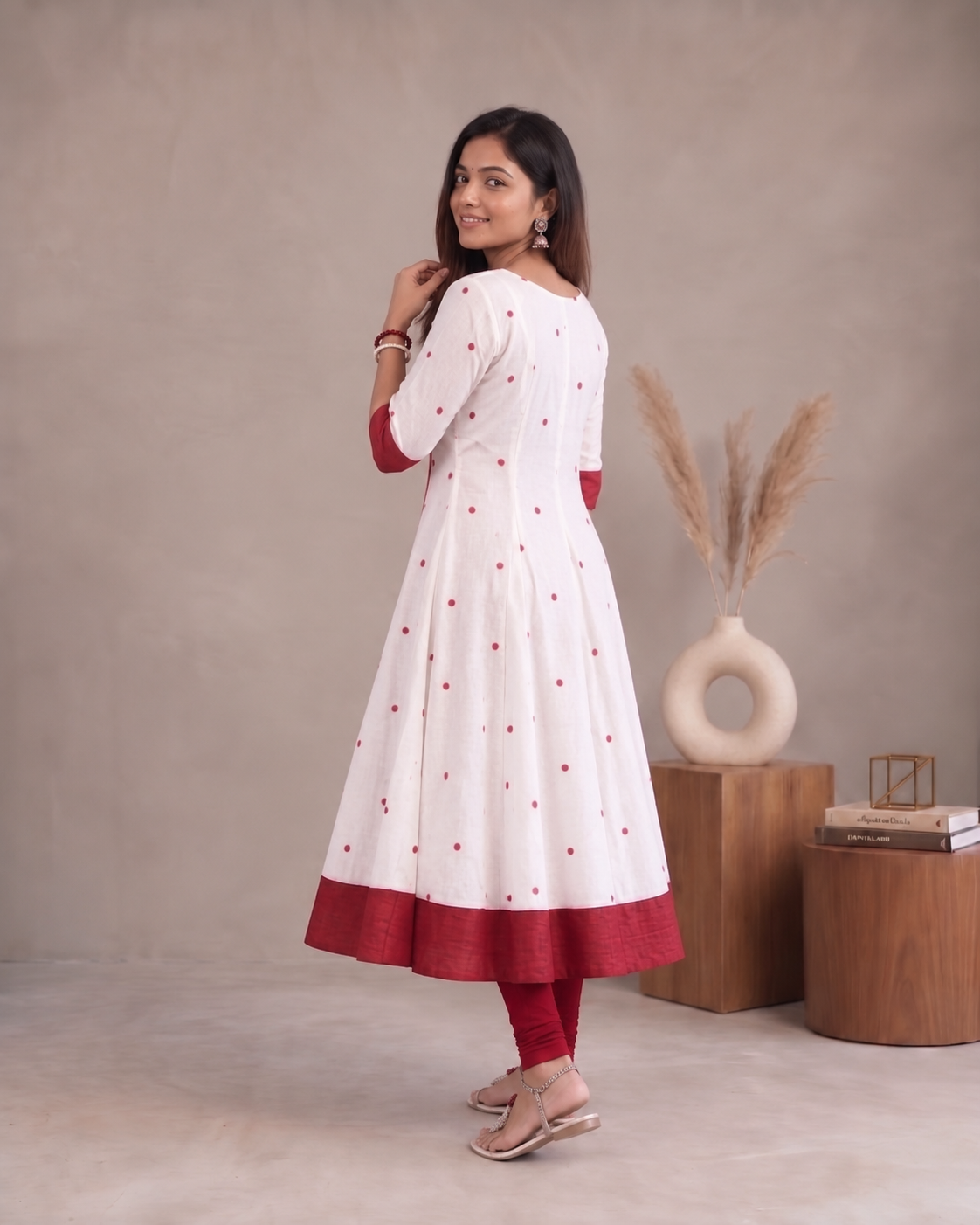 Dipti Red and White Handloom Cotton Anarkali Dress