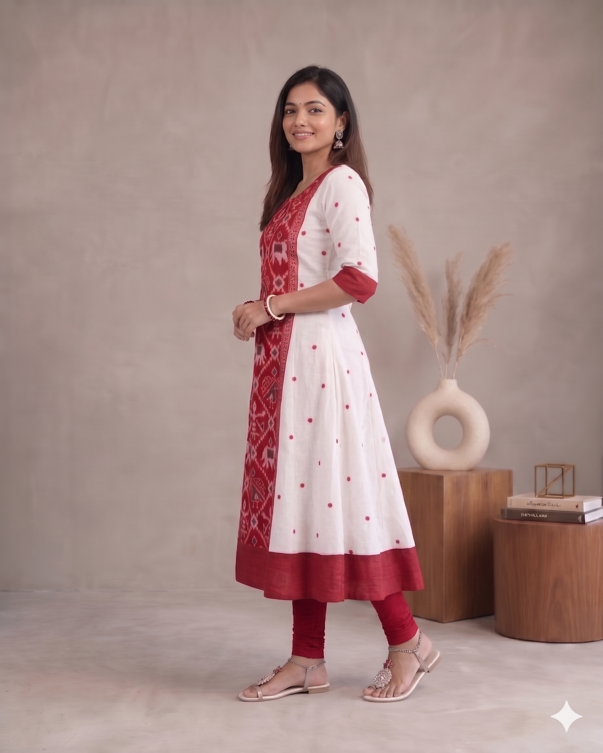 Dipti Red and White Handloom Cotton Anarkali Dress