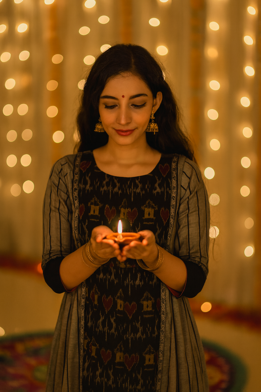 Gharana – Sambalpuri Handloom Cotton Kurti with Ikat Motifs and Grey Pinstripes