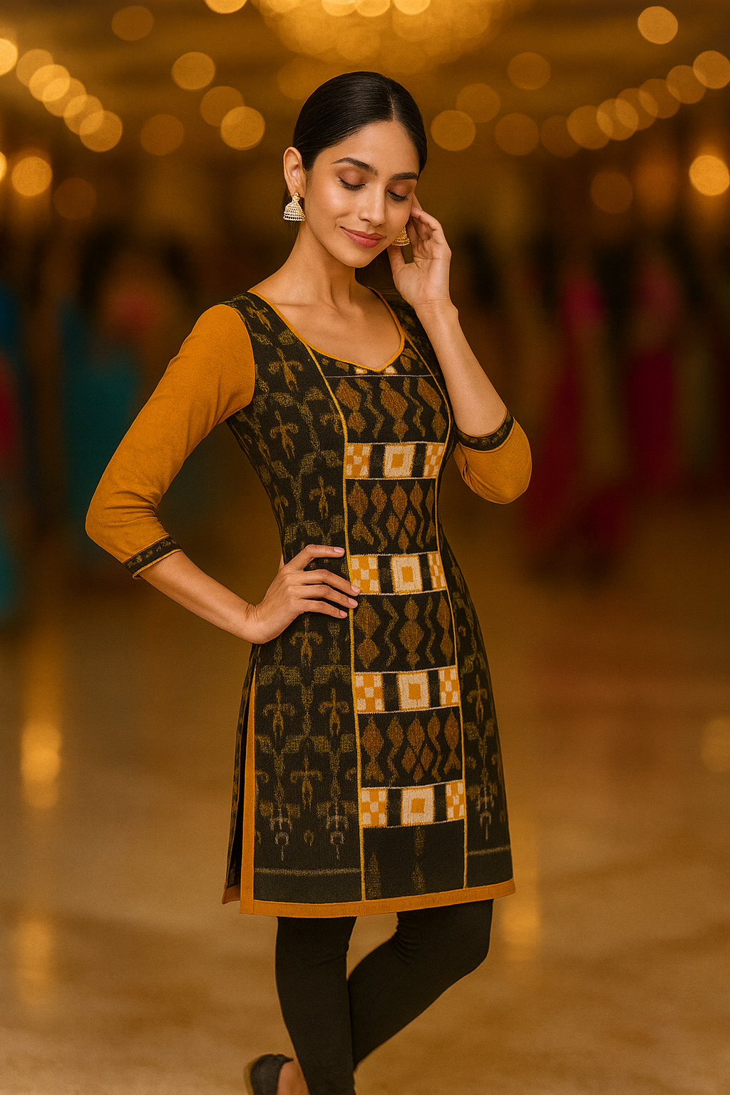 Handloom Ethnic cotton Kurti in Mustard & Black