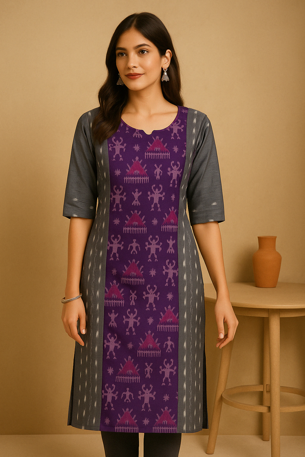 Sambalpuri Handwoven Purple and Grey Kurti Set