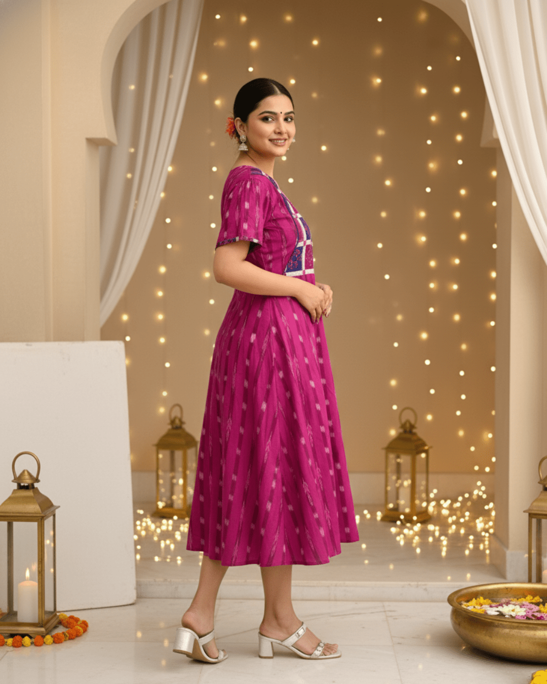 Varnika Handwoven Magenta Sambalpuri Cotton Midi Dress - PINDHAN