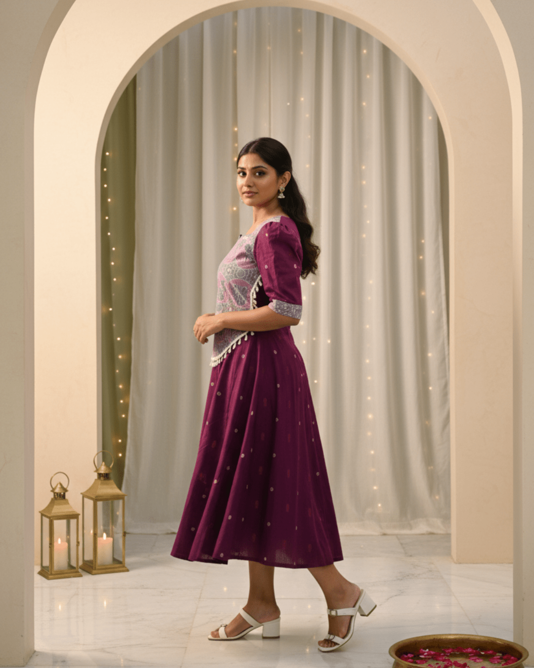Devika Handwoven Purple Sambalpuri Elephant Motif Midi Dress - PINDHAN