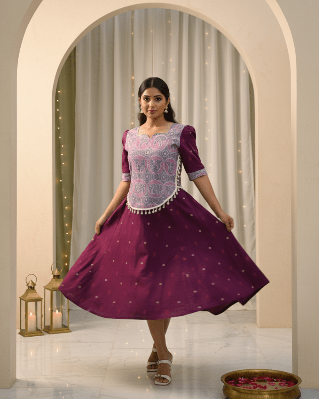 Devika Handwoven Purple Sambalpuri Elephant Motif Midi Dress - PINDHAN
