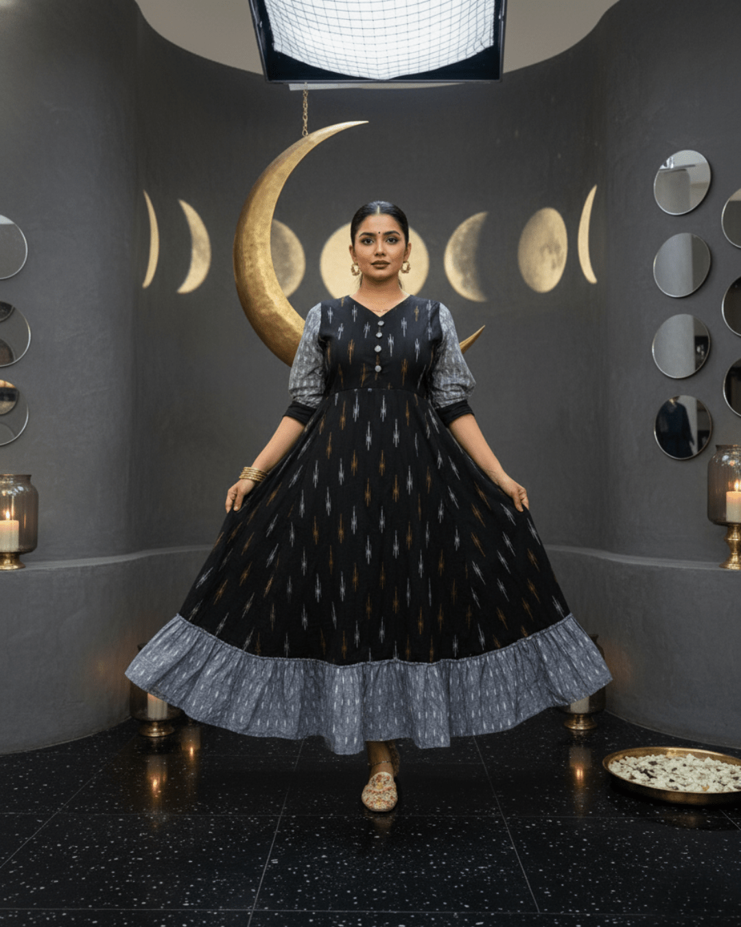 Nishika Handwoven Black Ikat Cotton Gown with Contrast Ruffle Hem - PINDHAN