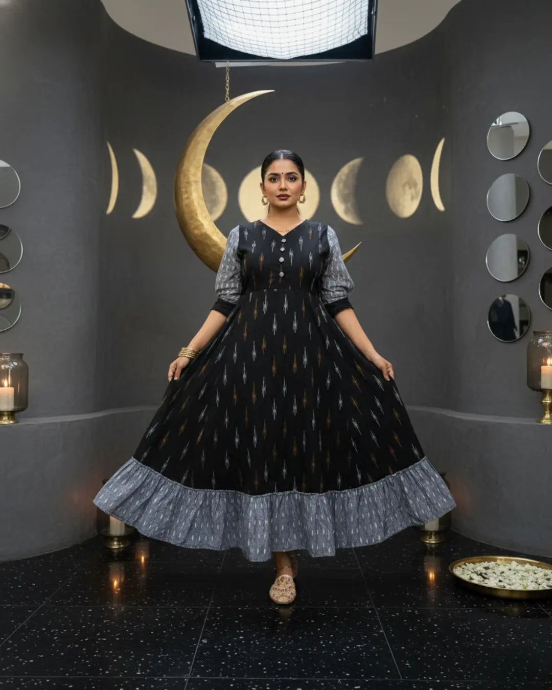 Nishika Handwoven Black Ikat Cotton Gown with Contrast Ruffle Hem