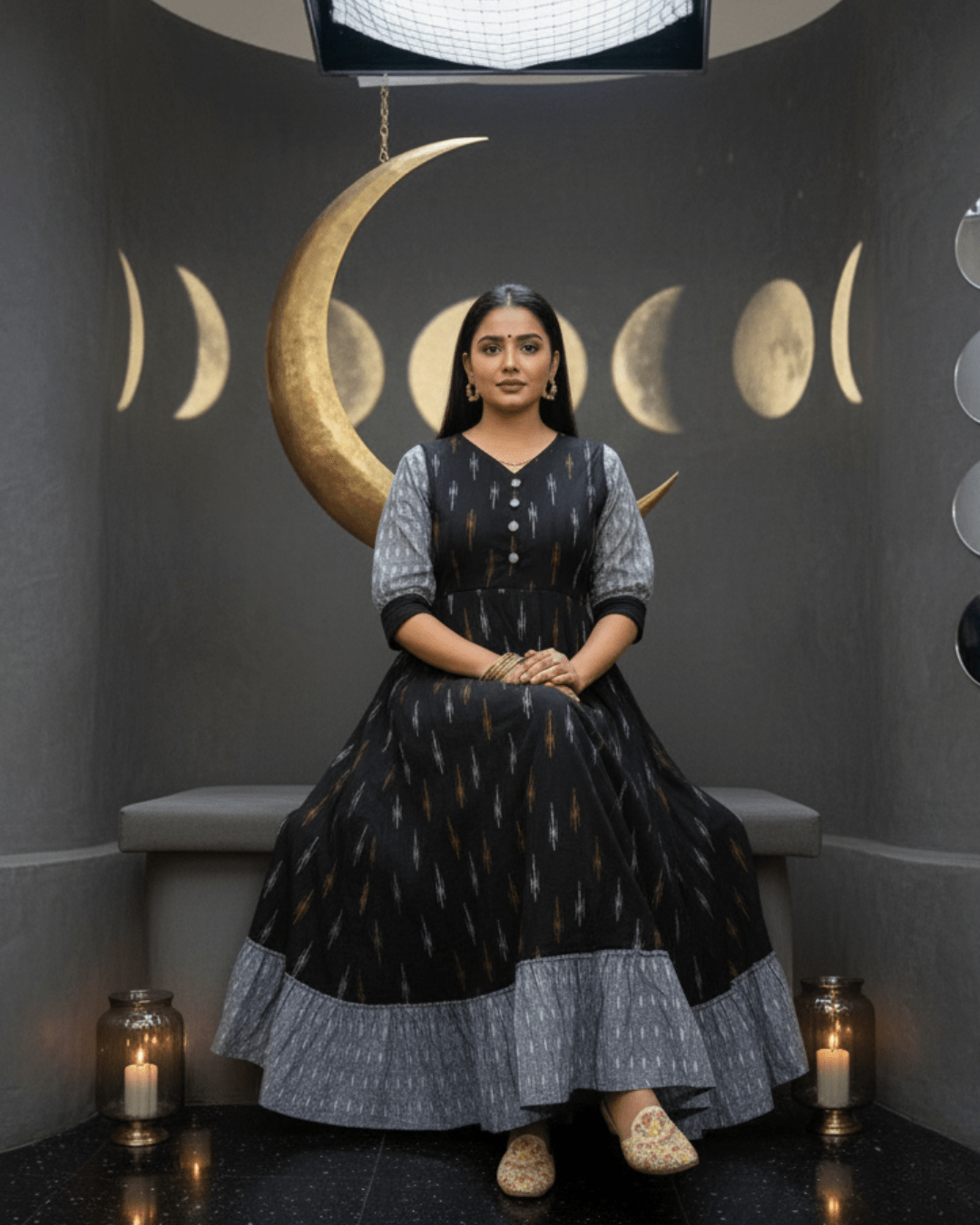 Nishika Handwoven Black Ikat Cotton Gown with Contrast Ruffle Hem - PINDHAN