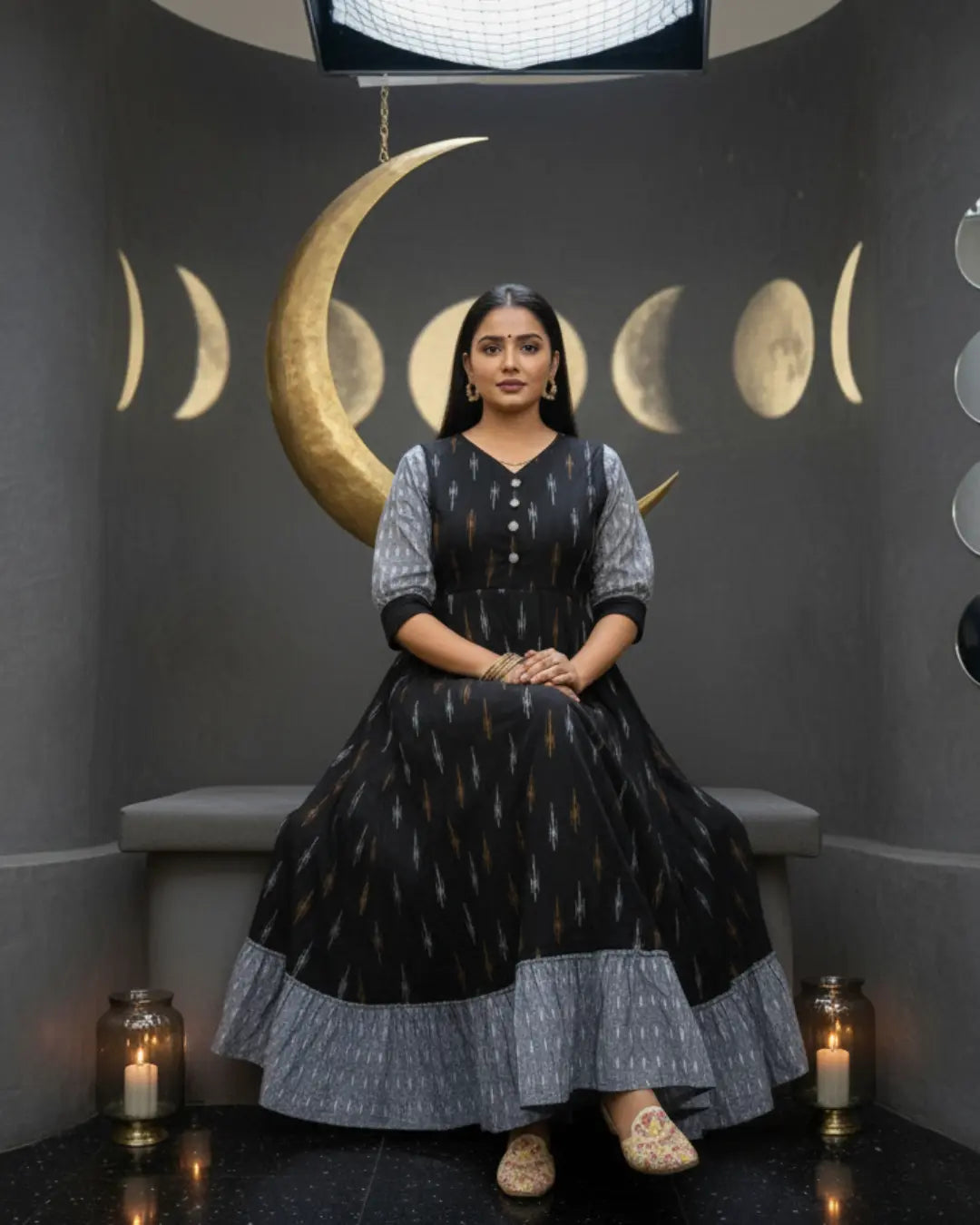 Nishika Handwoven Black Ikat Cotton Gown with Contrast Ruffle Hem