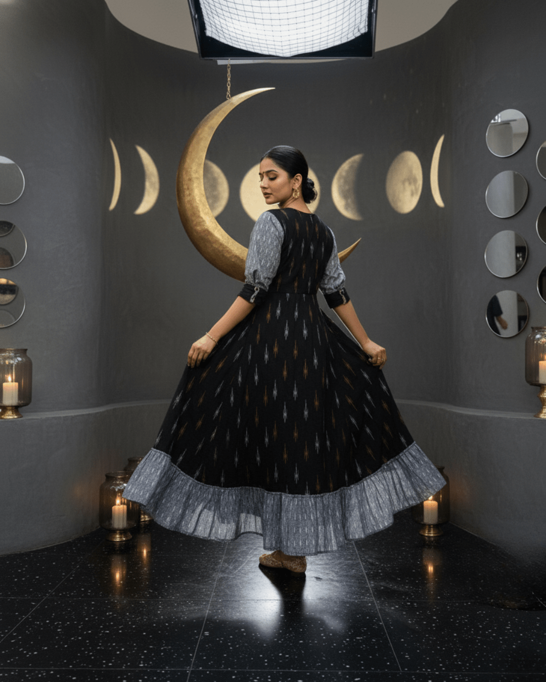 Nishika Handwoven Black Ikat Cotton Gown with Contrast Ruffle Hem - PINDHAN