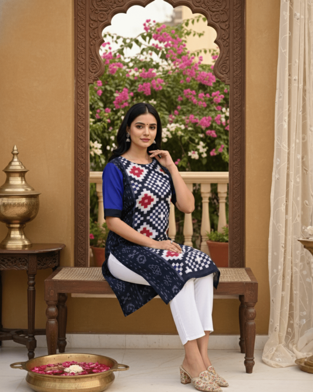 Meera Handwoven Navy Blue Sambalpuri Cotton Kurti with Geometric Ikat Weave - PINDHAN