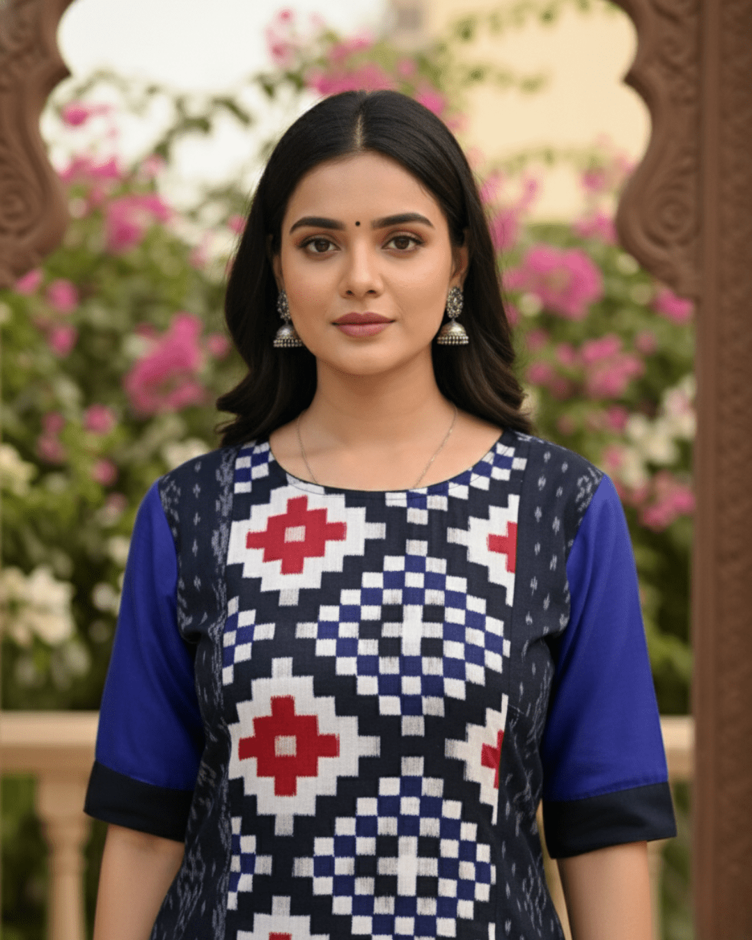 Meera Handwoven Navy Blue Sambalpuri Cotton Kurti with Geometric Ikat Weave - PINDHAN