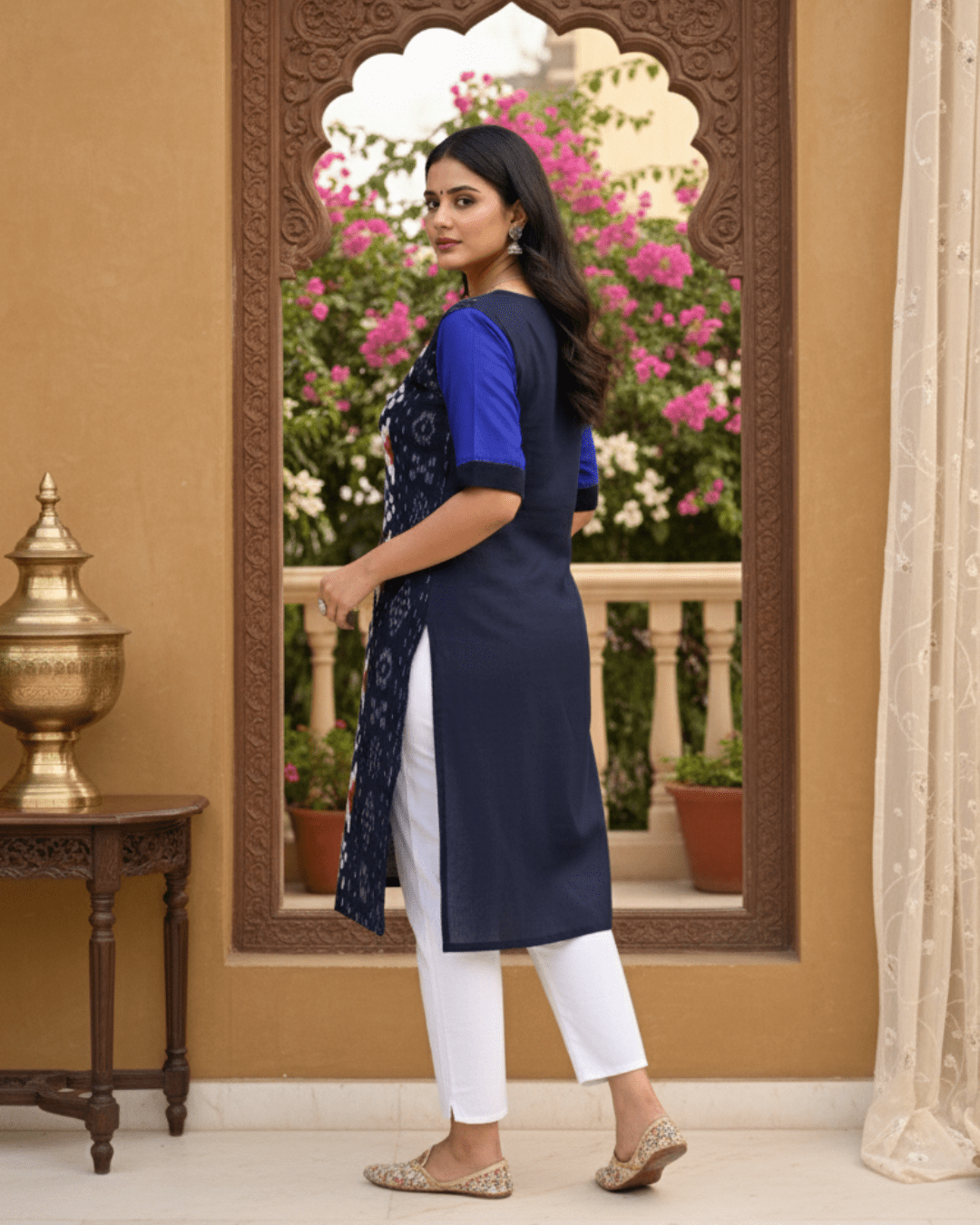 Meera Handwoven Navy Blue Sambalpuri Cotton Kurti with Geometric Ikat Weave - PINDHAN