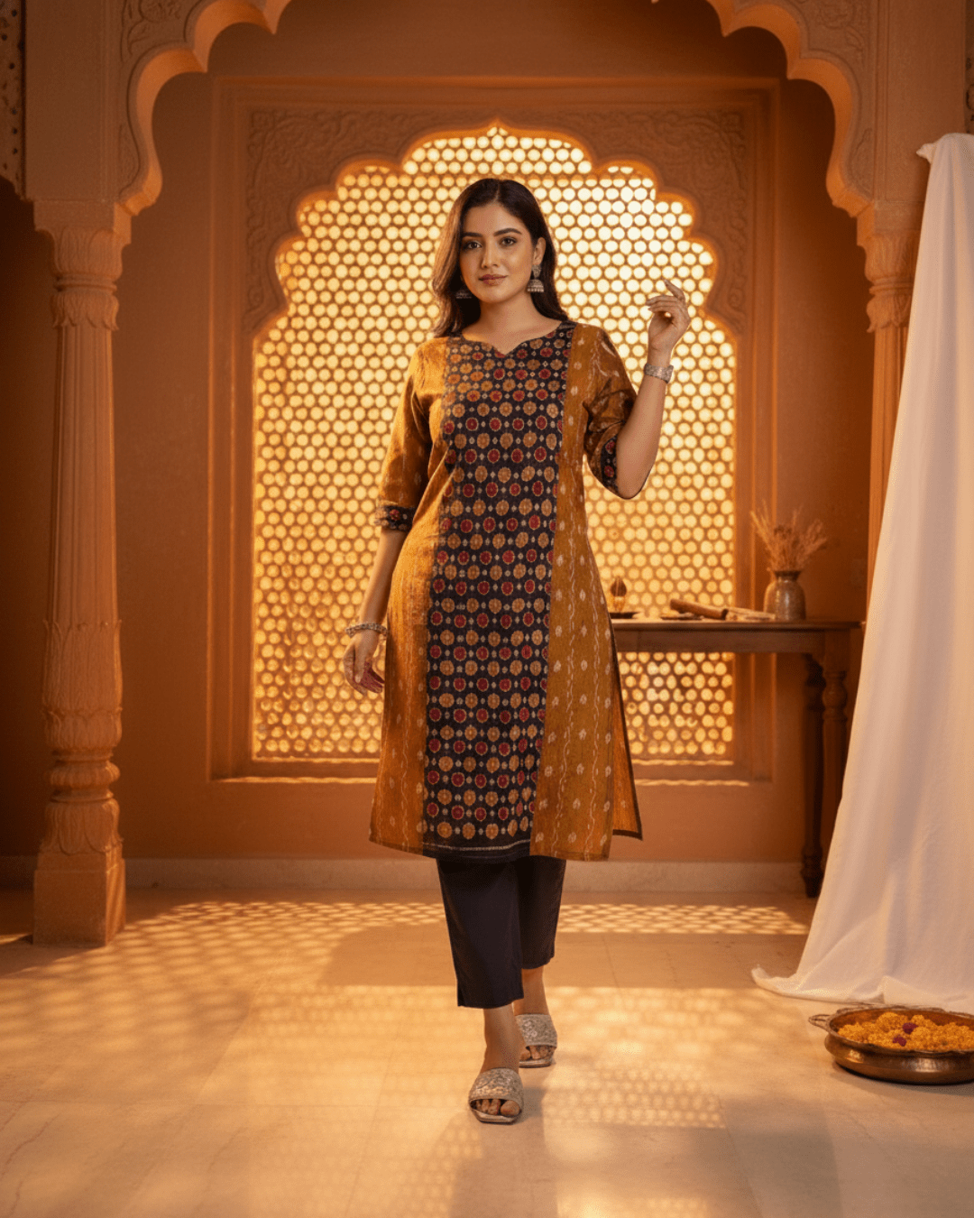 Charvi Handwoven Mustard & Black Sambalpuri Cotton Kurti Set - PINDHAN