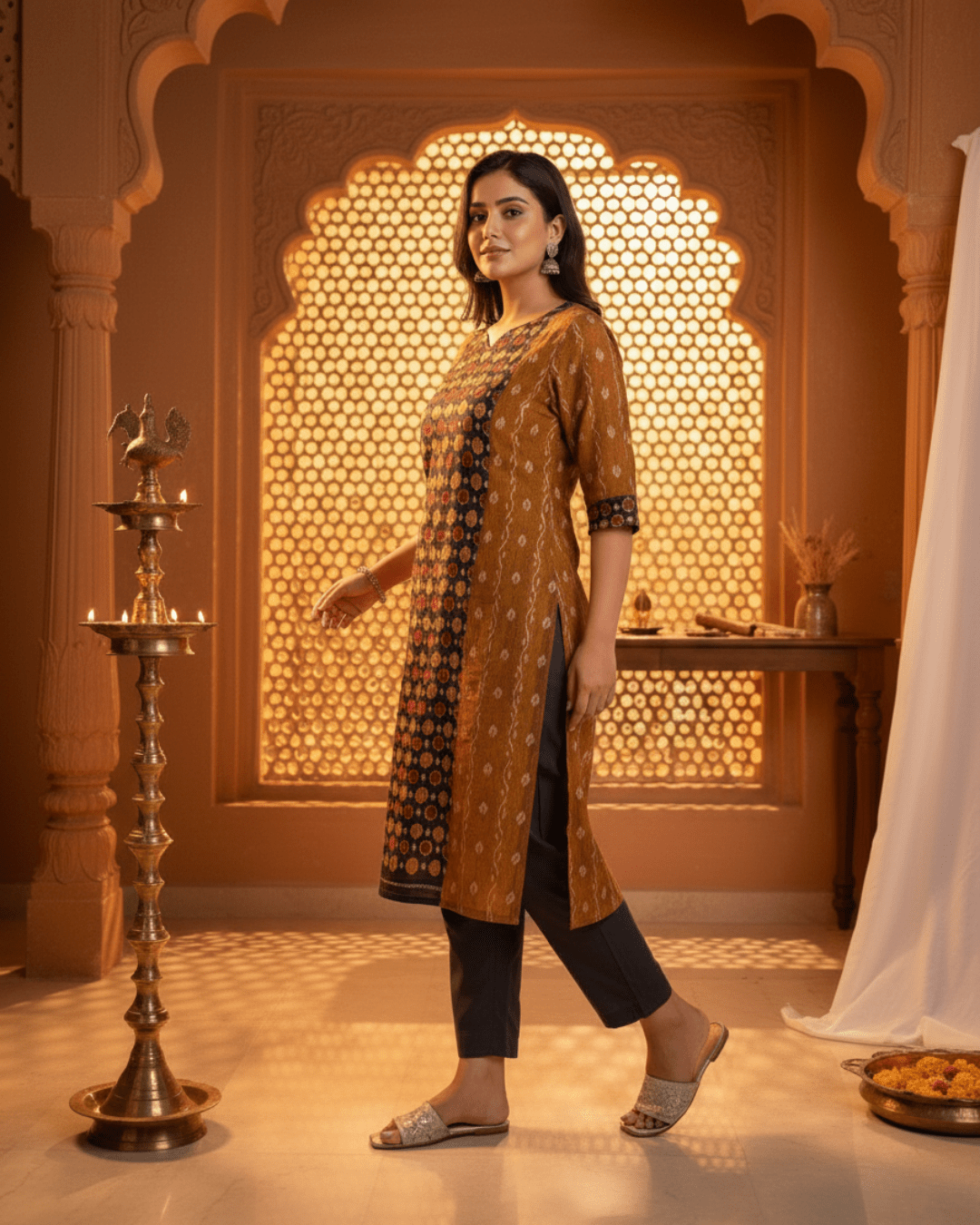 Charvi Handwoven Mustard & Black Sambalpuri Cotton Kurti Set - PINDHAN