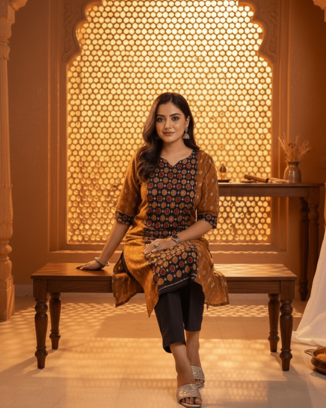 Charvi Handwoven Mustard & Black Sambalpuri Cotton Kurti Set - PINDHAN