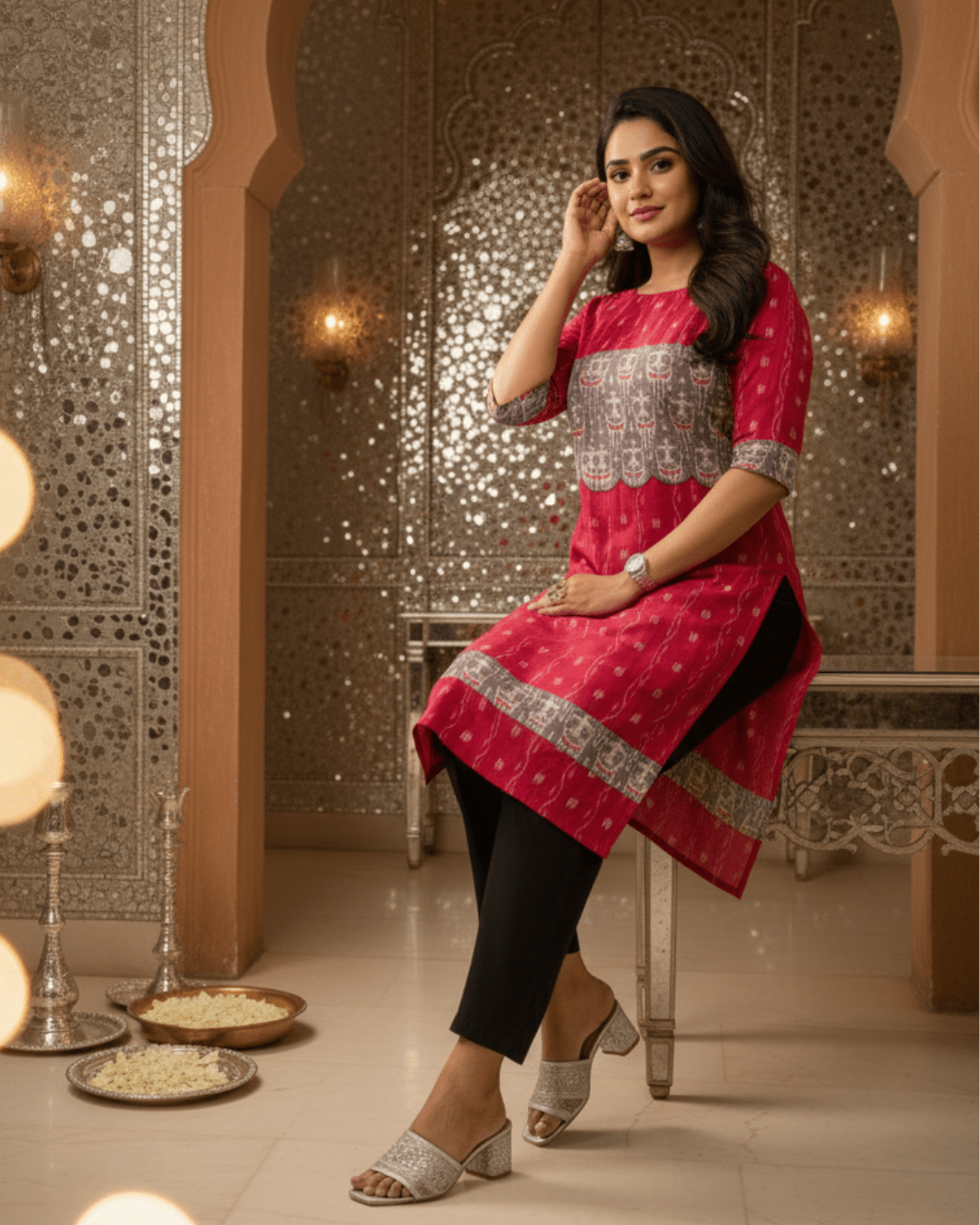 Ruhani Handwoven Red & Grey Sambalpuri Cotton Kurti Set - PINDHAN