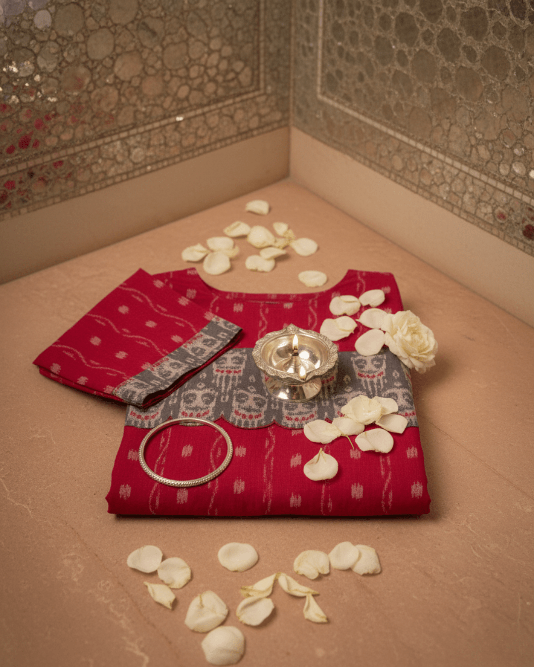 Ruhani Handwoven Red & Grey Sambalpuri Cotton Kurti Set - PINDHAN