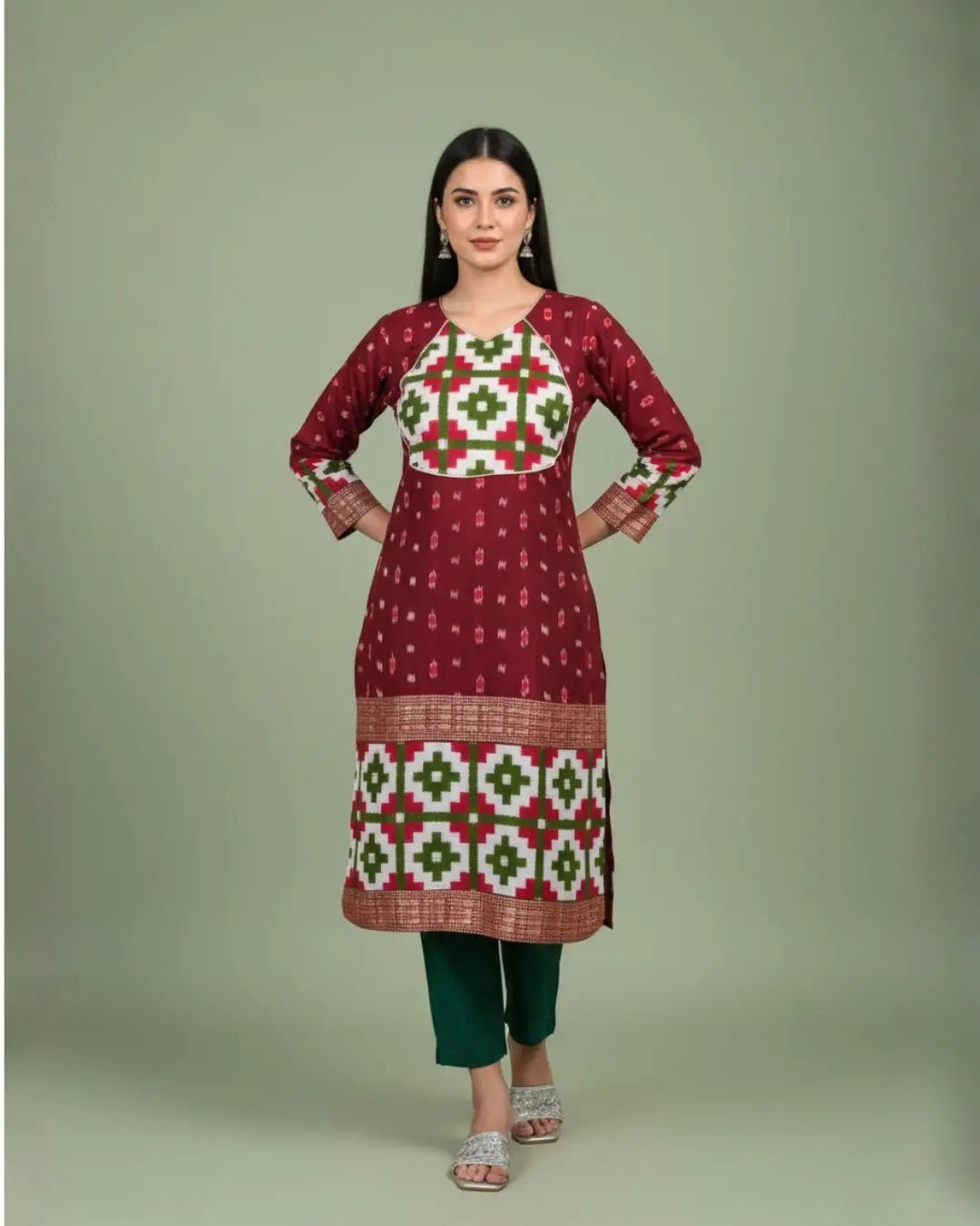 Mehira, Maroon & Green Sambalpuri Handloom Cotton Kurti Set - PINDHAN