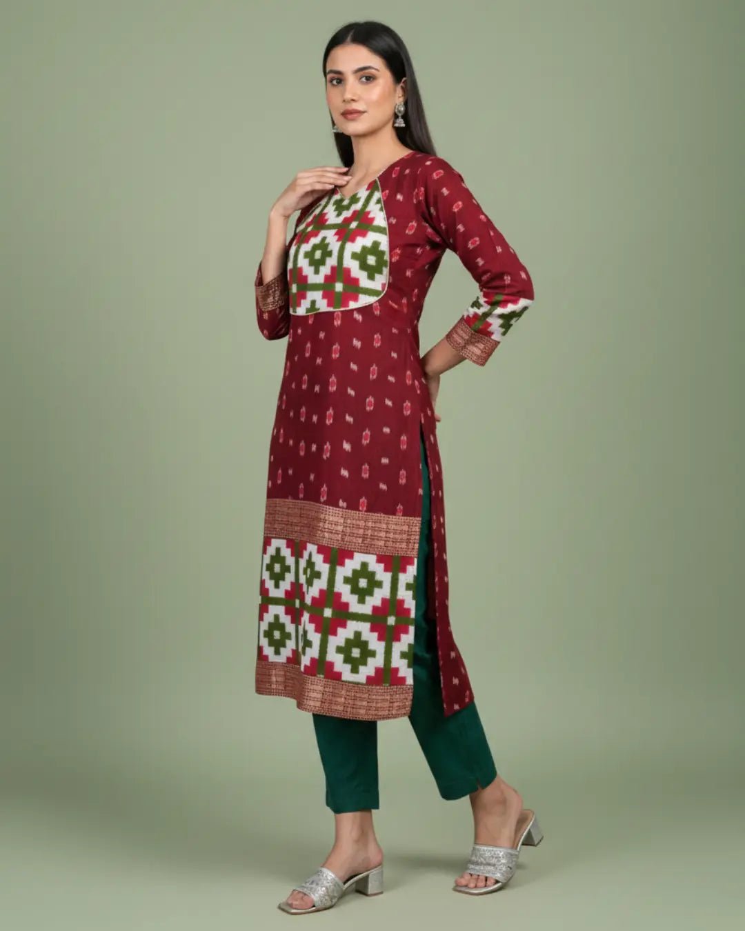 Mehira, Maroon & Green Sambalpuri Handloom Cotton Kurti Set - PINDHAN