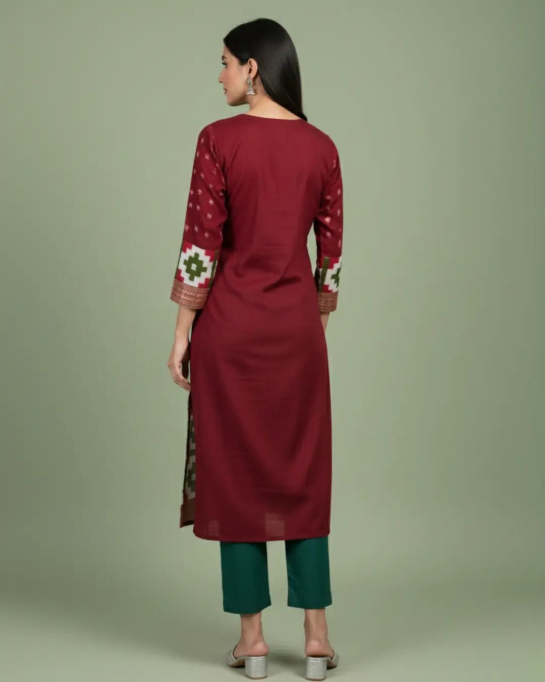 Mehira, Maroon & Green Sambalpuri Handloom Cotton Kurti Set - PINDHAN