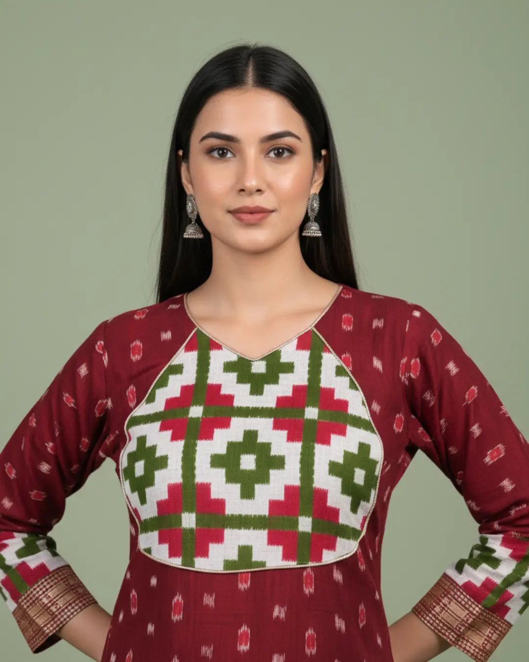 Mehira, Maroon & Green Sambalpuri Handloom Cotton Kurti Set - PINDHAN