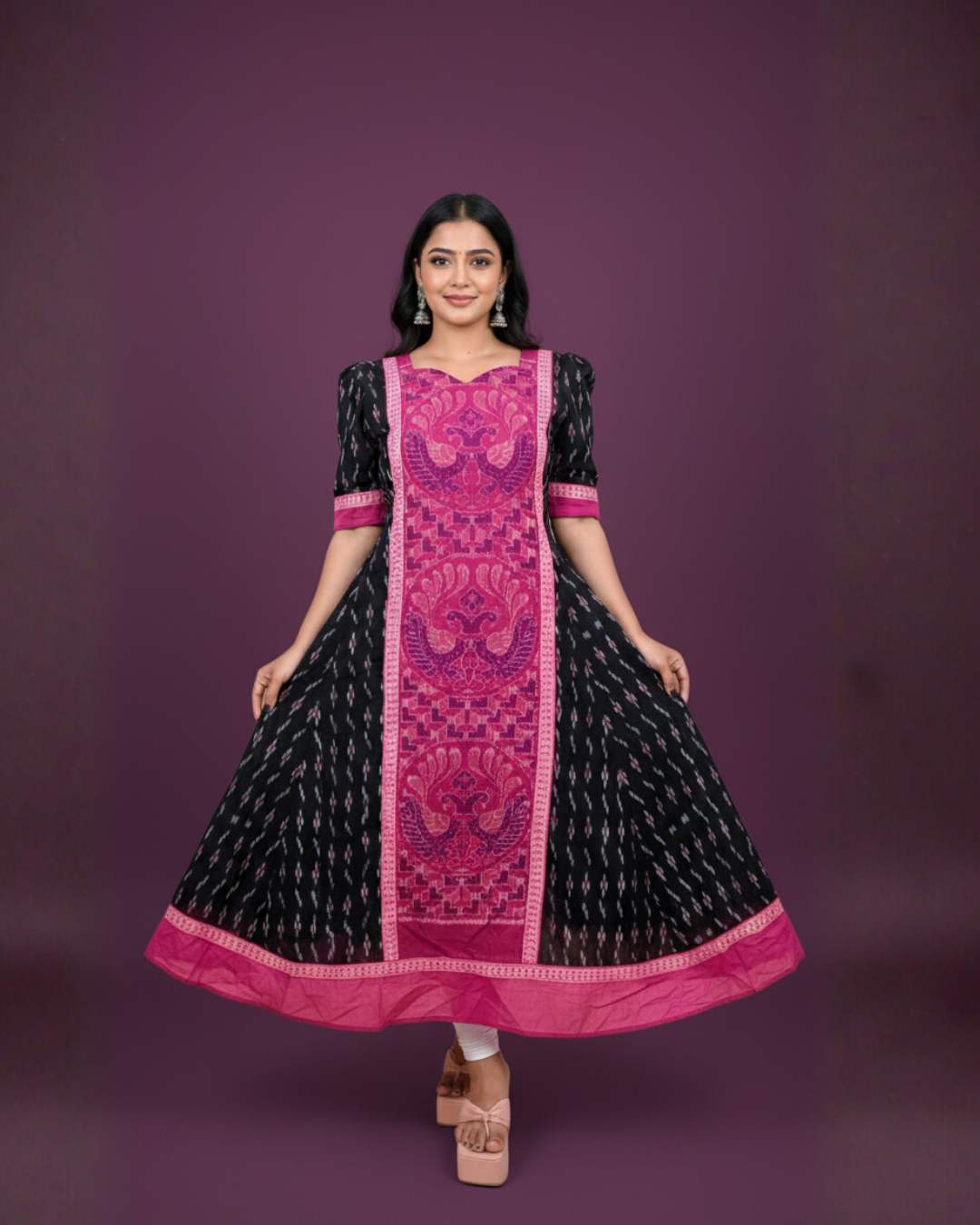 Varnika, Black & Magenta Sambalpuri Handwoven Cotton Gown