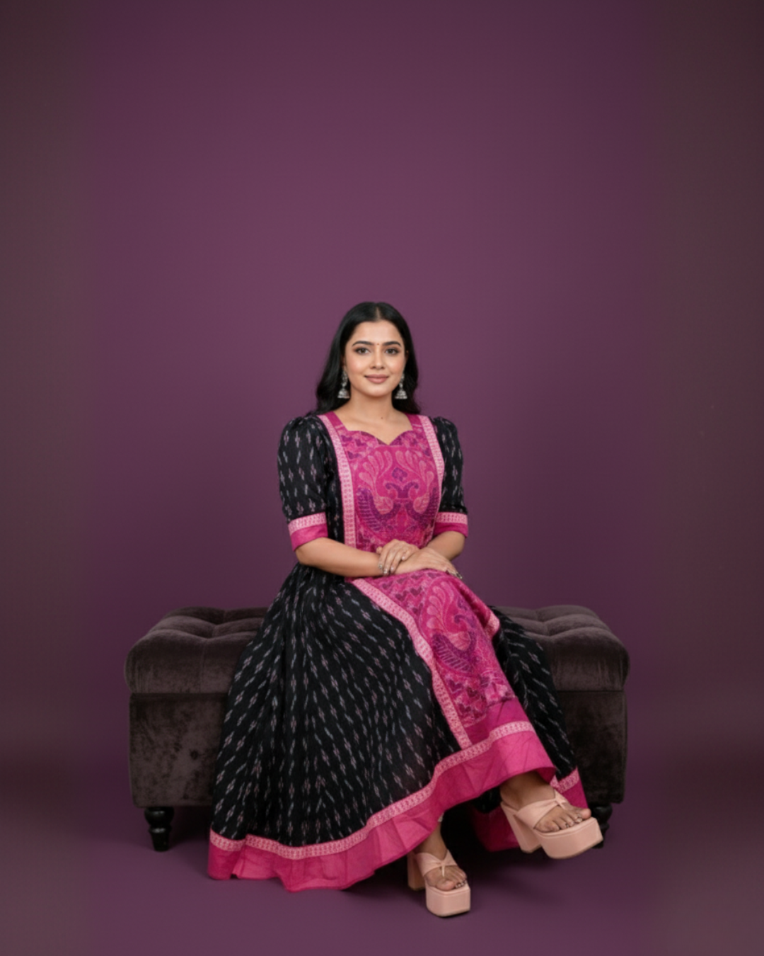 Varnika, Black & Magenta Sambalpuri Handwoven Cotton Gown