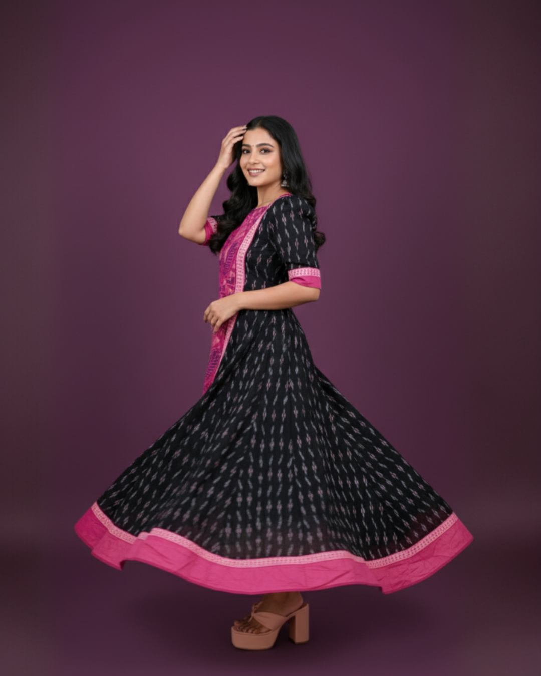 Varnika, Black & Magenta Sambalpuri Handwoven Cotton Gown