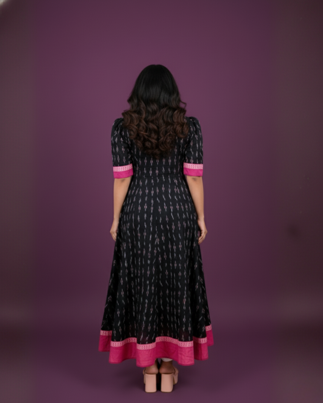 Varnika, Black & Magenta Sambalpuri Handwoven Cotton Gown