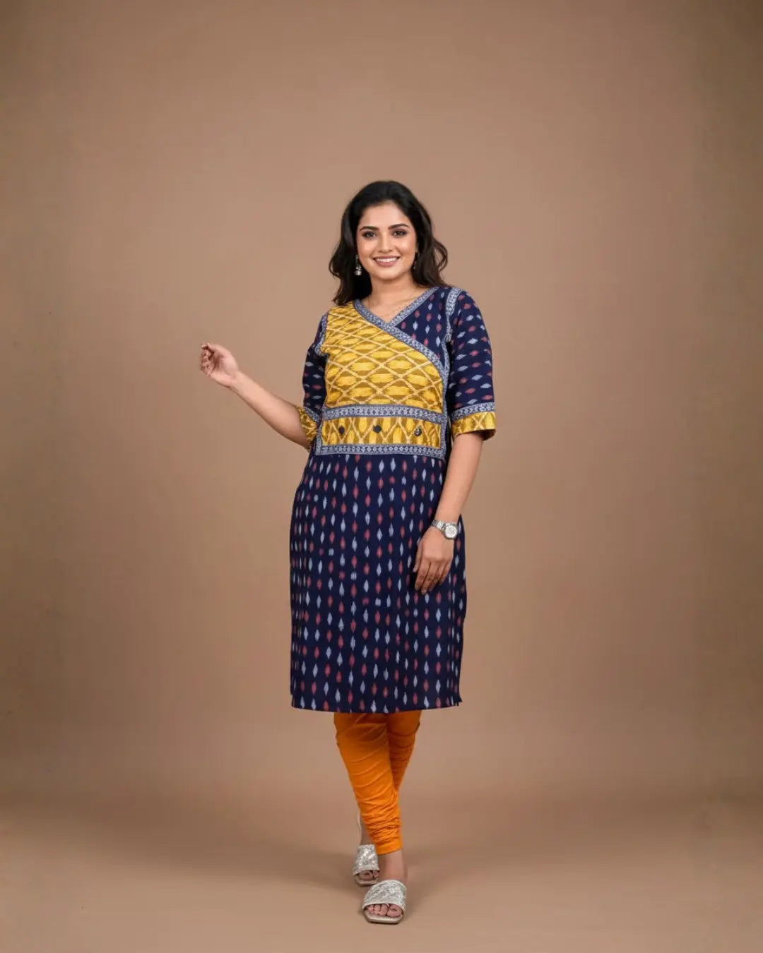 Rishika, Navy Blue & Mustard Sambalpuri Handwoven Short Kurti