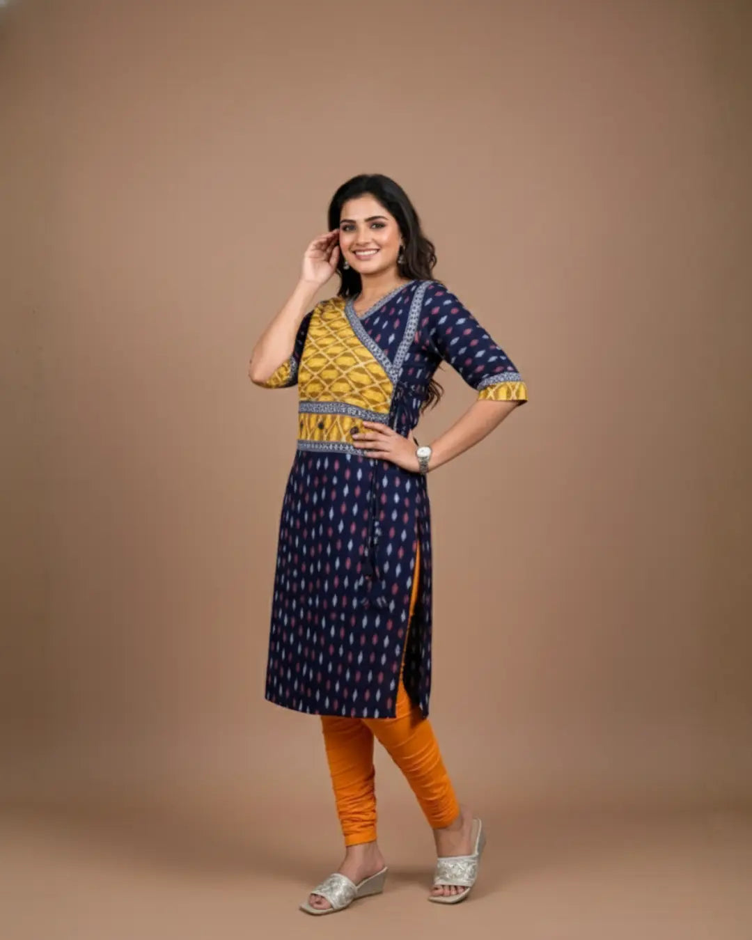 Rishika, Navy Blue & Mustard Sambalpuri Handwoven Short Kurti