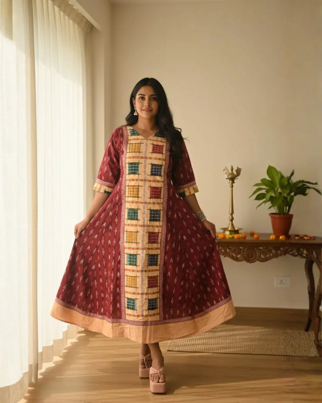 Aarini, Maroon & Beige Sambalpuri Handwoven Cotton Gown