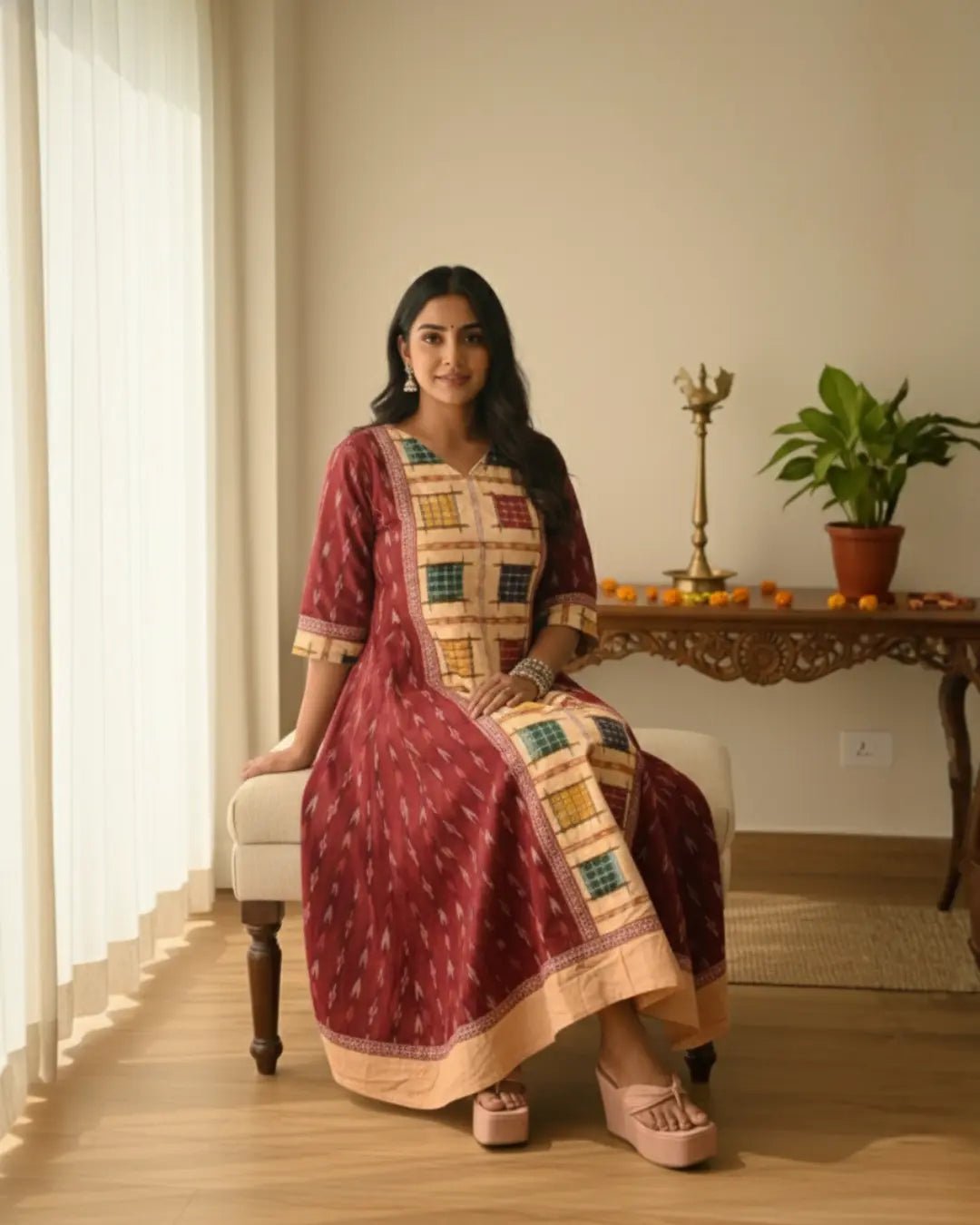 Aarini, Maroon & Beige Sambalpuri Handwoven Cotton Gown - PINDHAN