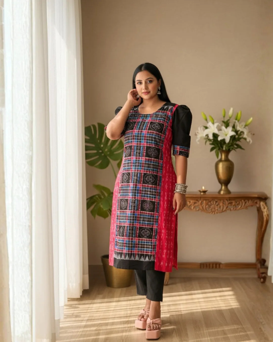 Devina, Black & Red Sambalpuri Handwoven Cotton Kurti