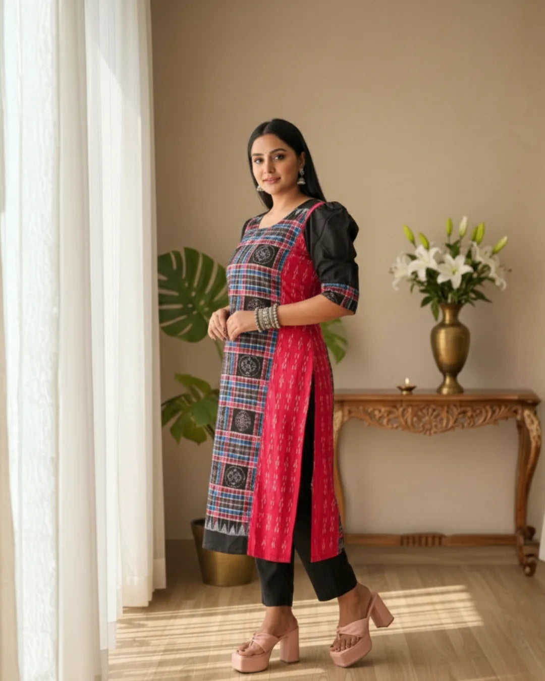 Devina, Black & Red Sambalpuri Handwoven Cotton Kurti
