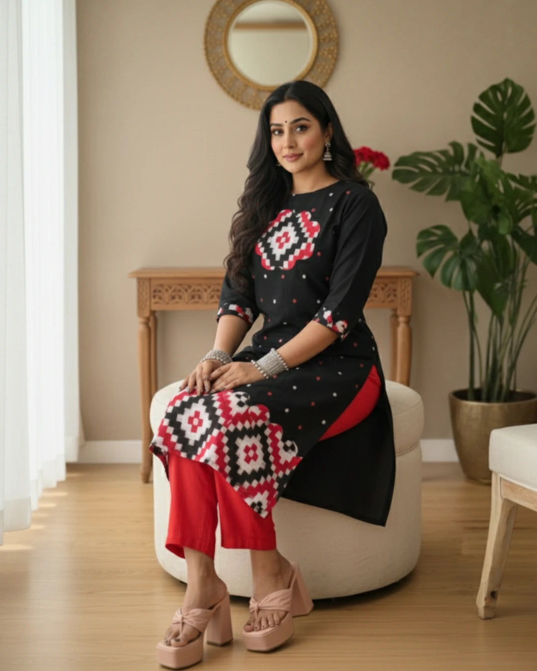 Nysa, Black & Red Sambalpuri Handwoven Cotton Kurti