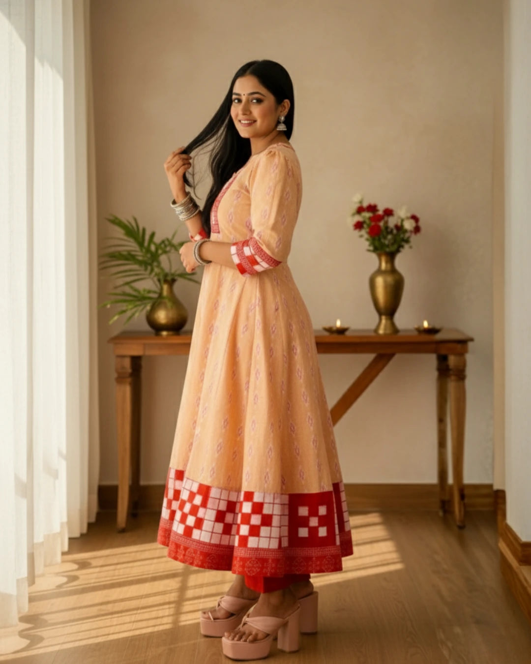 Aaravi, Peach & Red Sambalpuri Handwoven Anarkali Kurti