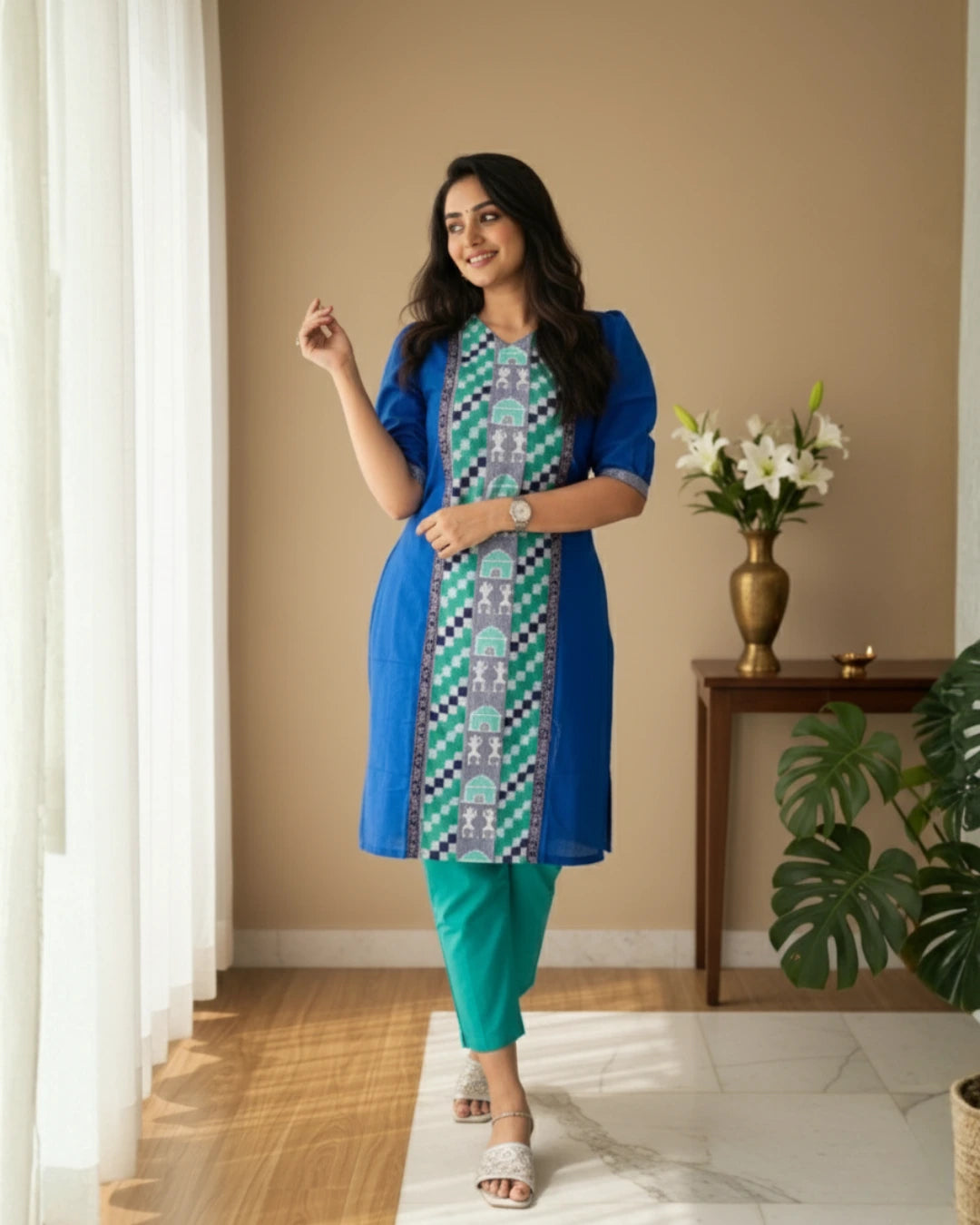 Mitali, Blue & Green Sambalpuri Handwoven Cotton Kurti