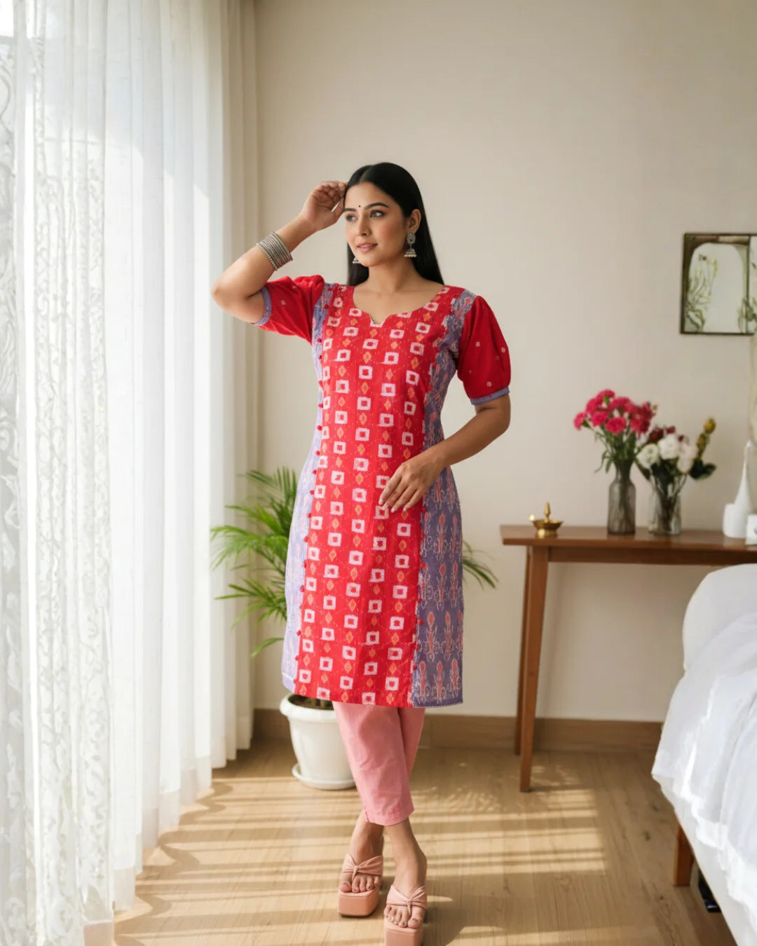 Tanya, Red & Lavender Sambalpuri Handwoven Cotton Kurti
