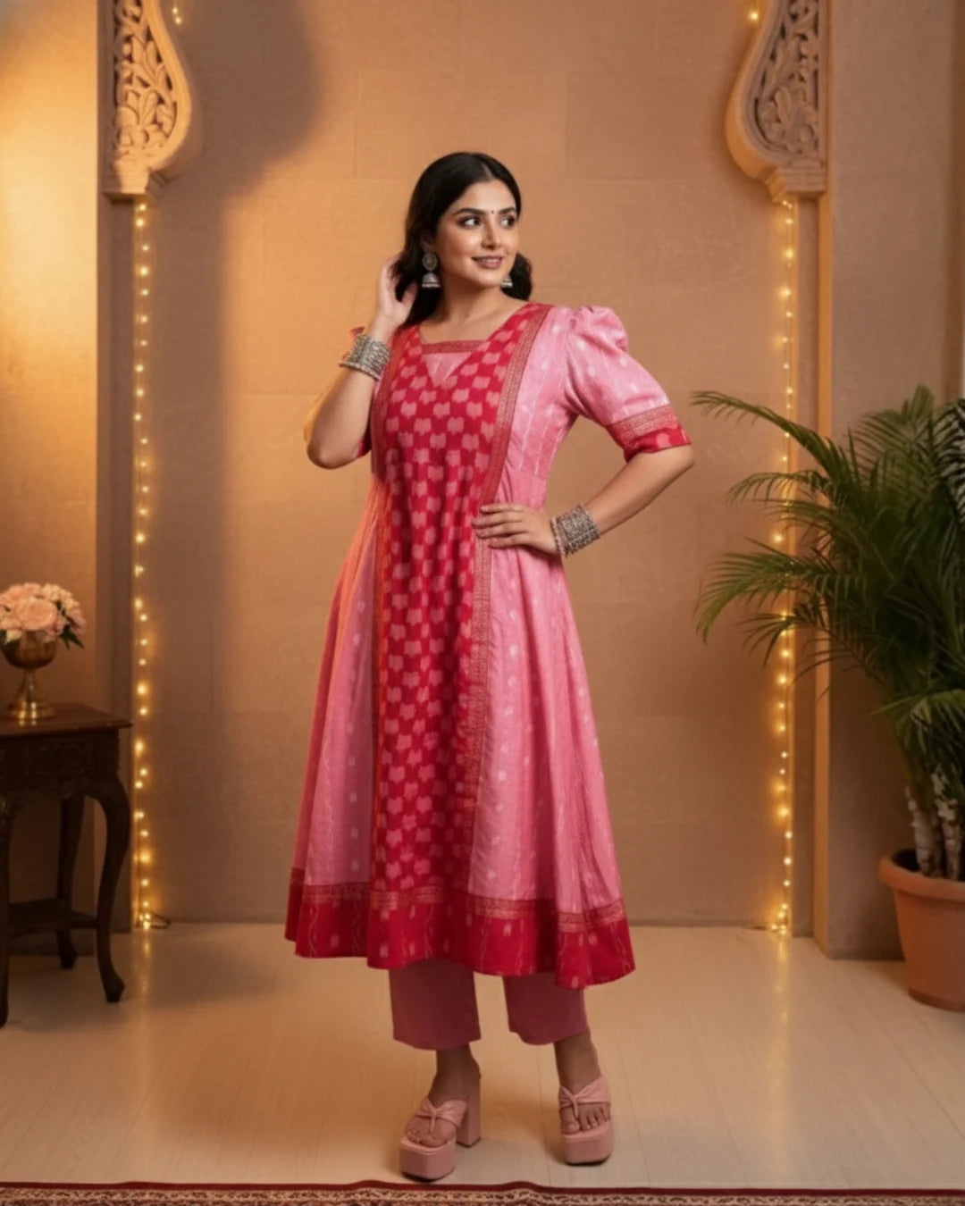 Aaradhya, Pink & Red Sambalpuri Handwoven Cotton Gown