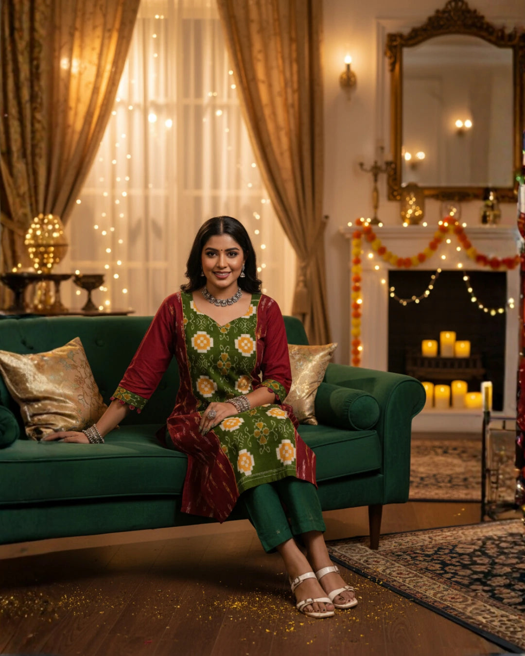 Aarvi Green & Maroon Sambalpuri Handwoven Cotton Kurta Set